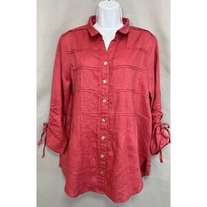 John Mark Sz Medium 100% Linen Button Tunic Top Pink Ruched Arms Casual Style BV